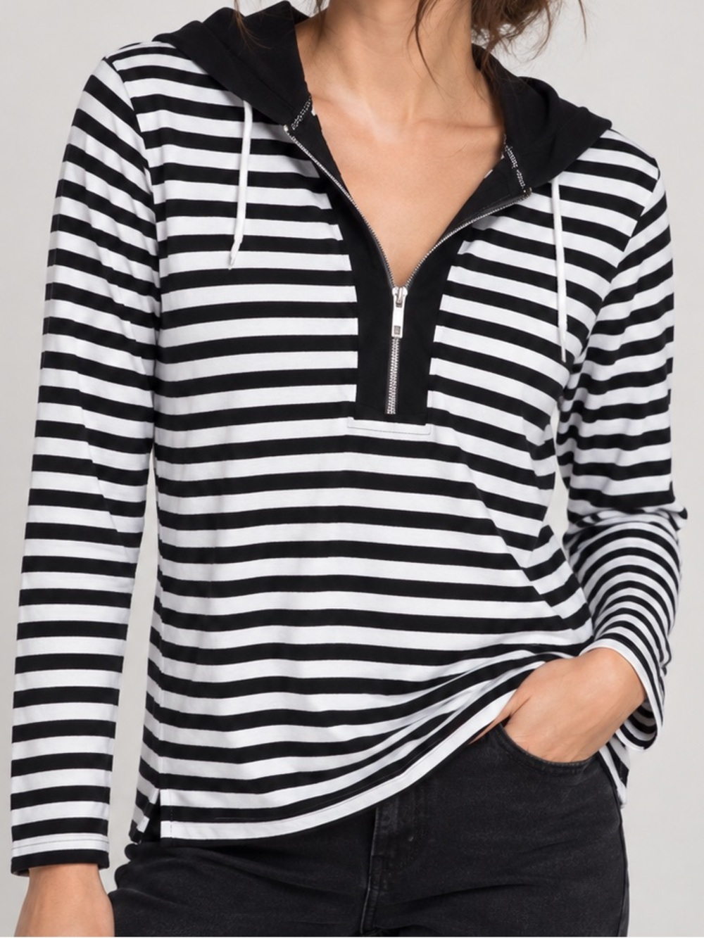 Olsen Organic Cotton Breton Stripe Half Zip Hoodie Black White Size 6